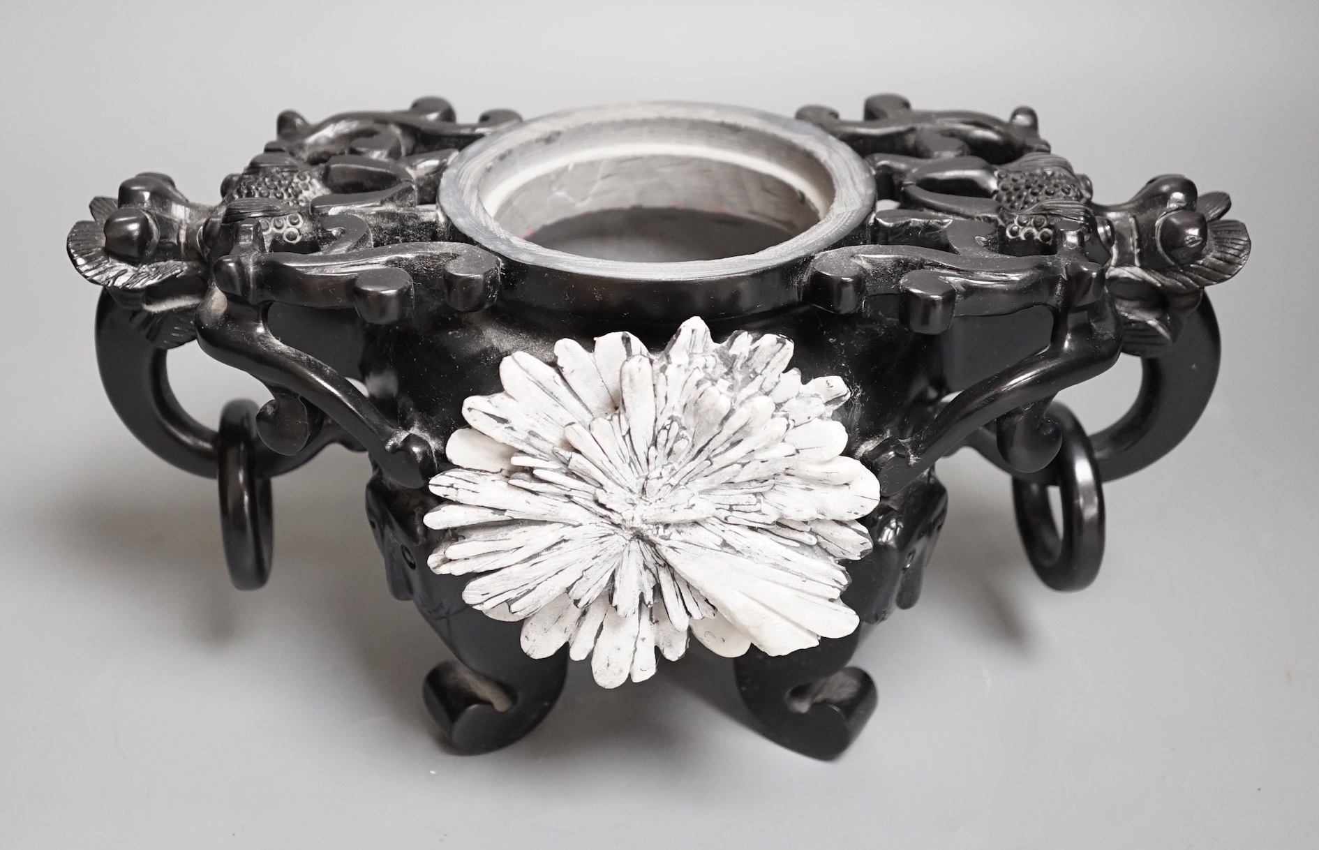 A large decorative Chinese black hardstone tripod censer and cover - 25.5cm high